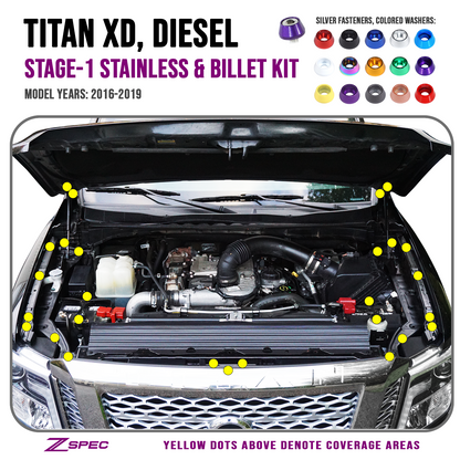 ZSPEC Stage-1 Dress Up Bolts® Fastener Kit for 16-19 Nissan Titan XD, Stainless & Billet