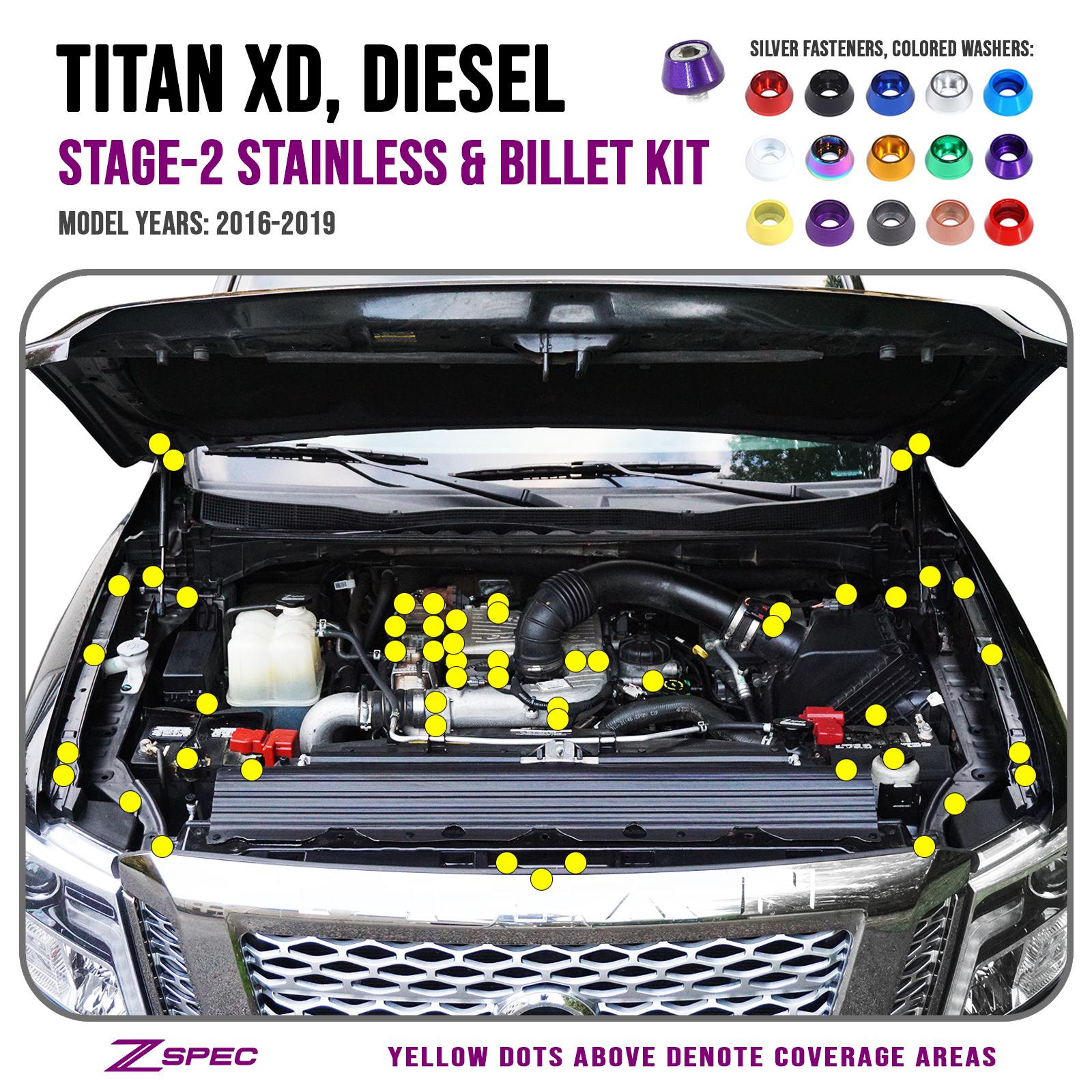 ZSPEC Stage-2 Dress Up Bolts® Fastener Kit for 16-19 Nissan Titan XD Diesel A61 Cummins, Stainless & Billet