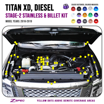 ZSPEC Stage-2 Dress Up Bolts® Fastener Kit for 16-19 Nissan Titan XD Diesel A61 Cummins, Stainless & Billet