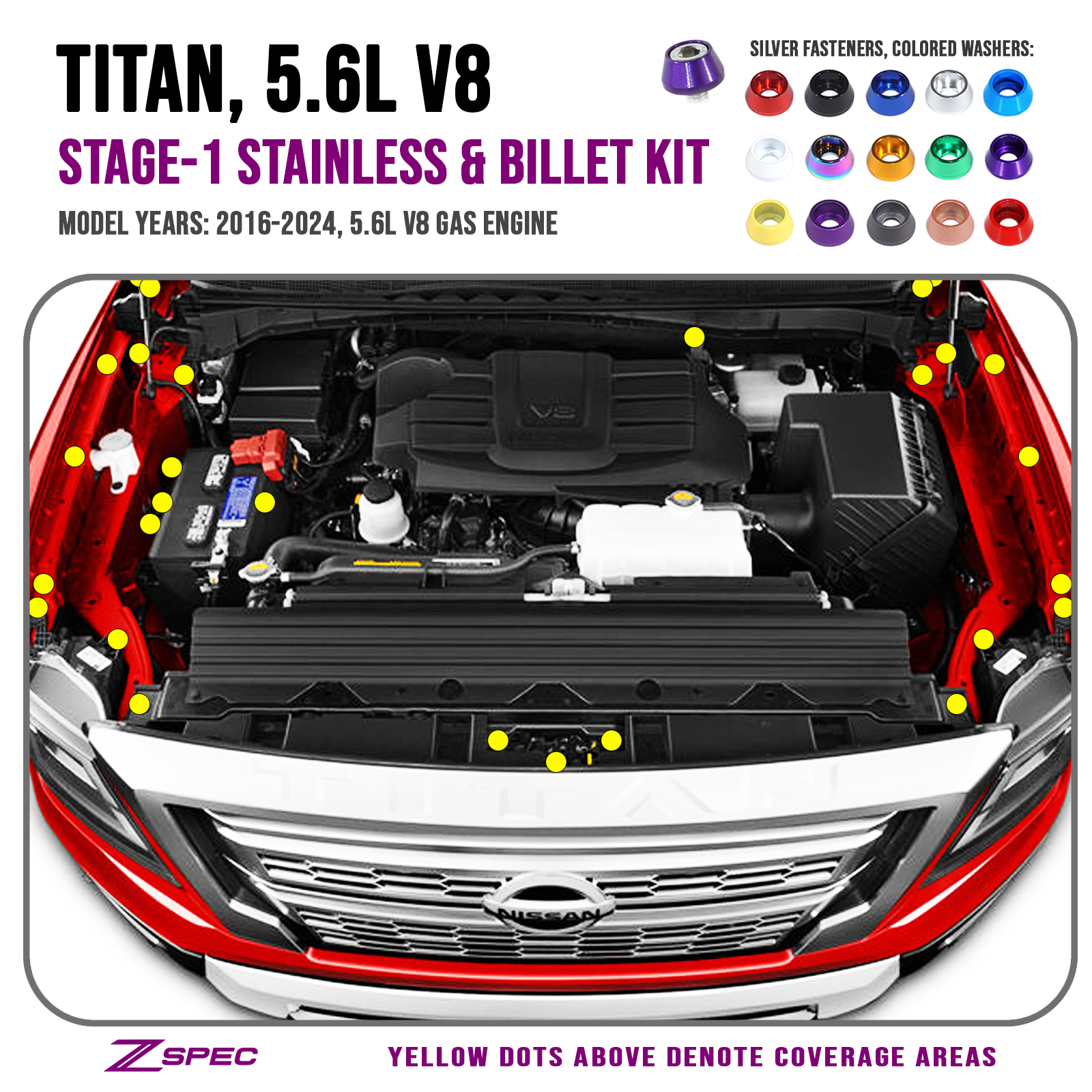 ZSPEC Stage-1 Dress Up Bolts® Fastener Kit for 16+ Nissan Titan 5.6L, Stainless & Billet