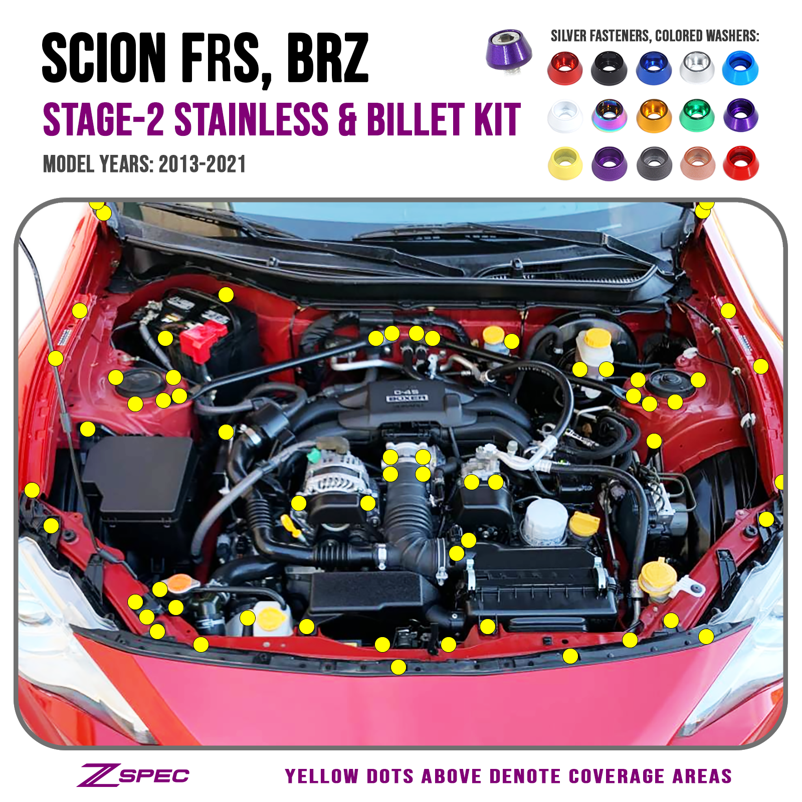 ZSPEC Stage-2 Dress Up Bolts® Fastener Kit for Scion FRS, Subaru BRZ, Toyota 86 '13-21, Stainless & Billet