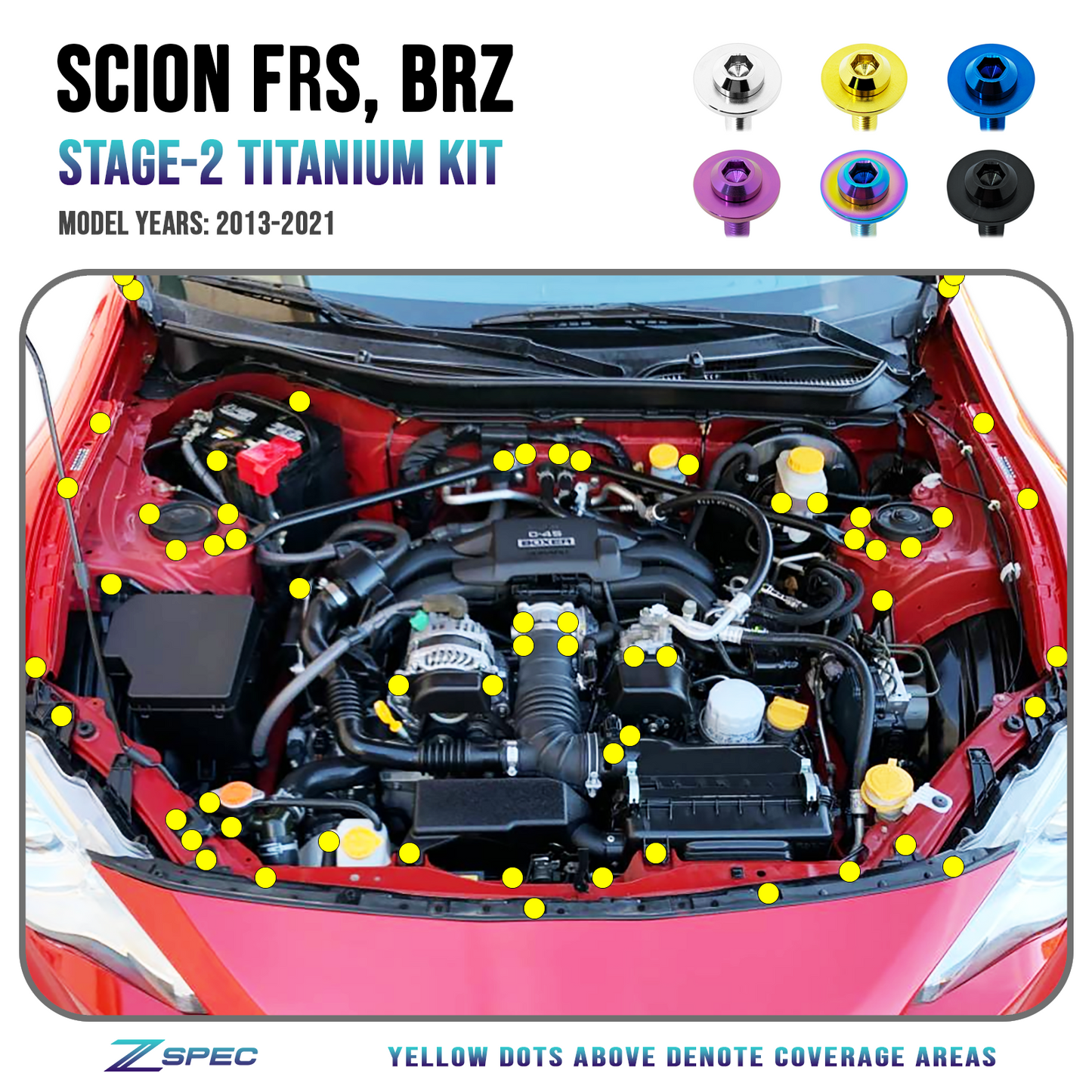ZSPEC Stage-2 Dress Up Bolts® Fastener Kit for Scion FRS, Subaru BRZ, Toyota 86 '13-21, Titanium