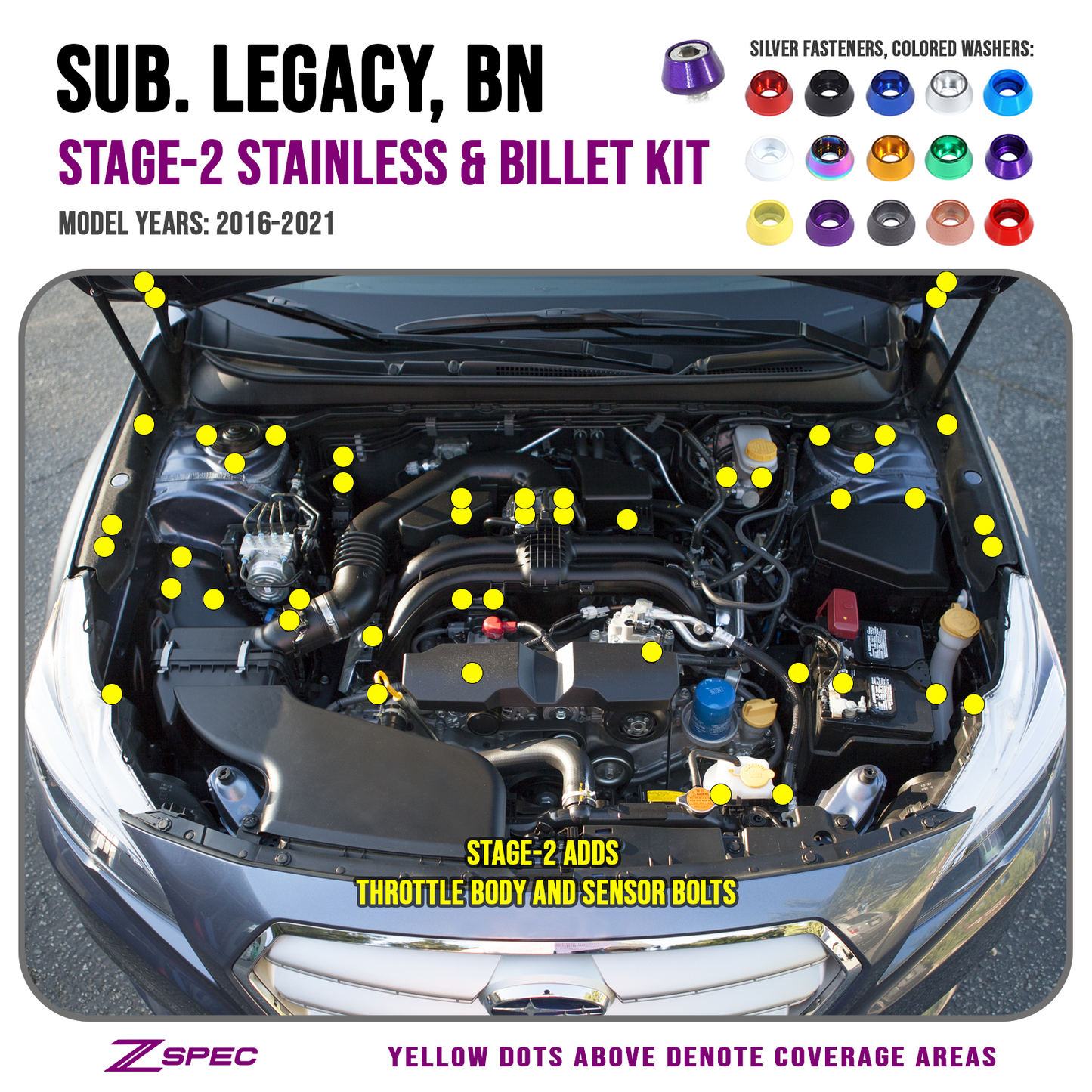 ZSPEC Stage-2 Dress Up Bolts® Fastener Kit for '16-21 Subaru Legacy 3.6L, Stainless & Billet