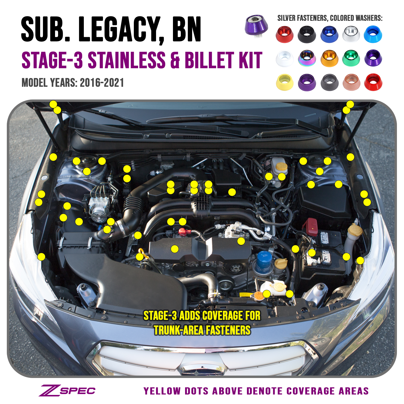 ZSPEC Stage-3 Dress Up Bolts® Fastener Kit for '16-21 Subaru Legacy 3.6L, Stainless & Billet
