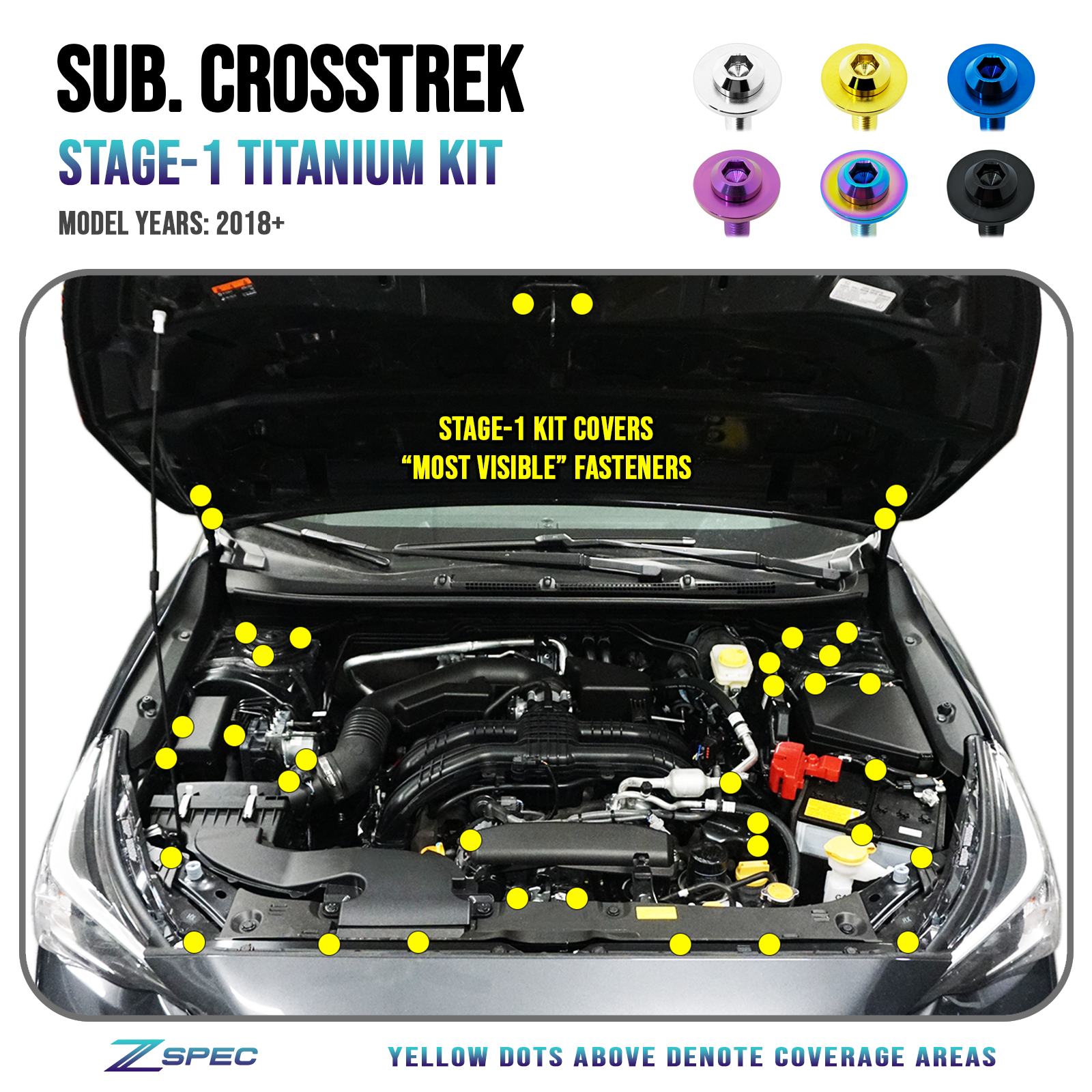 ZSPEC Stage-1 Dress Up Bolts® Fastener Kit for '18-24 Subaru CrossTrek, Titanium