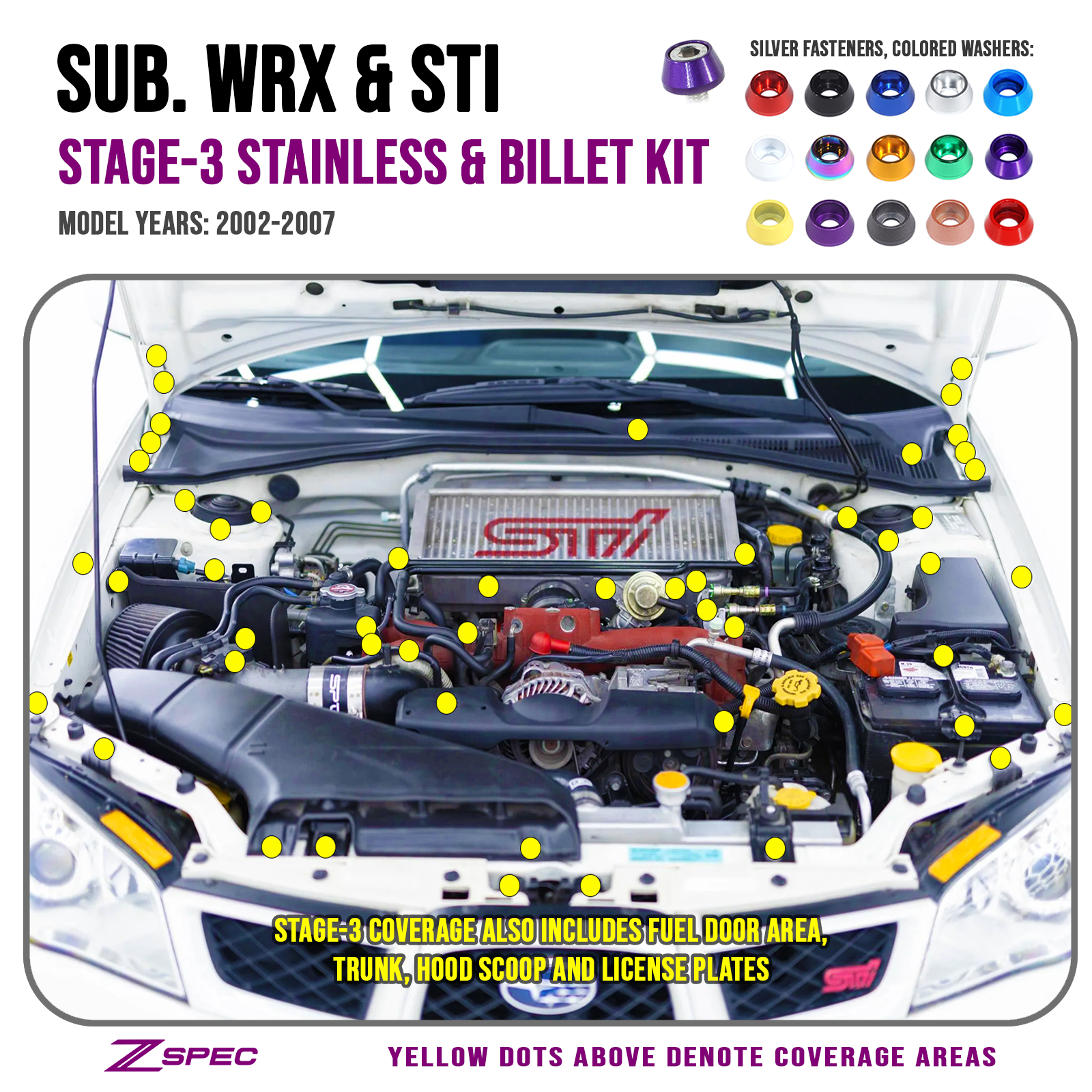 ZSPEC Stage-3 Dress Up Bolts® Fastener Kit, 02-07 Subaru WRX & STI, Stainless & Billet