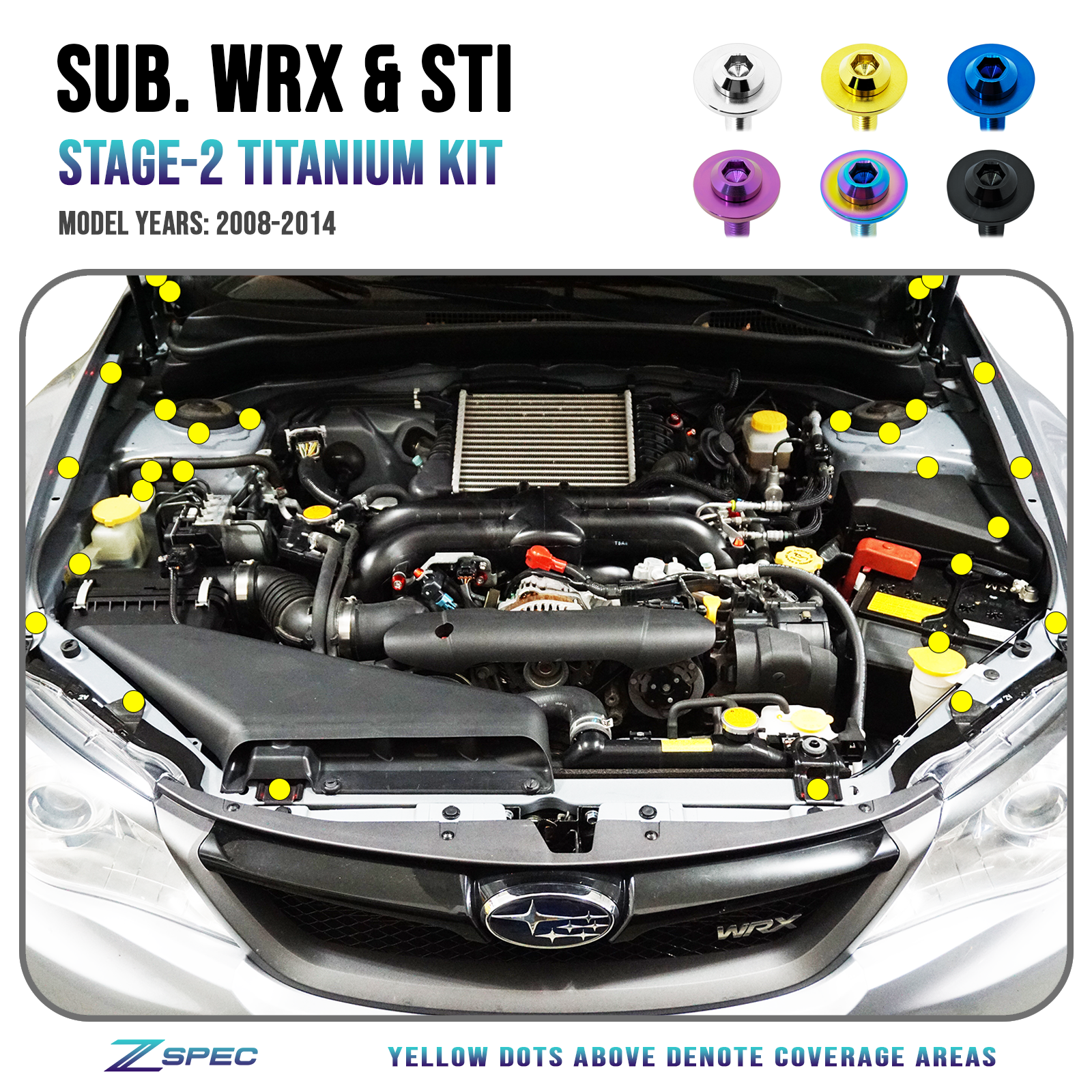 ZSPEC Stage-2 Dress Up Bolts® Fastener Kit for '08-14 Subaru WRX & STi, Titanium