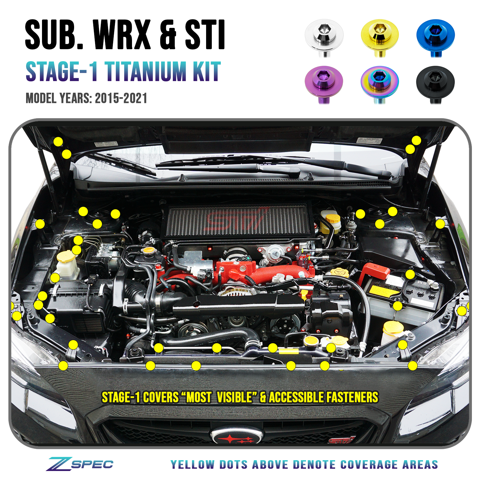 ZSPEC Stage-1 Dress Up Bolts® Fastener Kit for '15-21 Subaru WRX & STI, Grade-5 Titanium