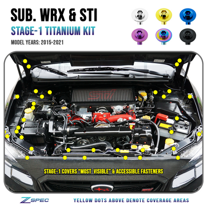 ZSPEC Stage-1 Dress Up Bolts® Fastener Kit for '15-21 Subaru WRX & STI, Grade-5 Titanium