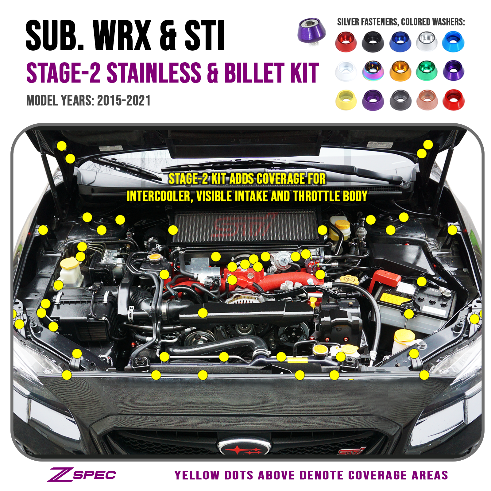 ZSPEC Stage-2 Dress Up Bolts® Fastener Kit for '15-21 Subaru WRX & STI, Stainless & Billet