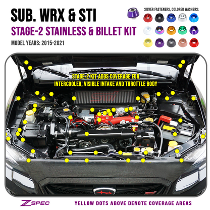 ZSPEC Stage-2 Dress Up Bolts® Fastener Kit for '15-21 Subaru WRX & STI, Stainless & Billet