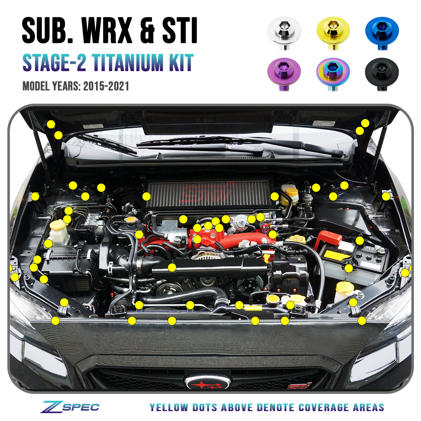 ZSPEC Stage-2 Dress Up Bolts® Fastener Kit for '15-21 Subaru WRX & STI, Grade-5 Titanium