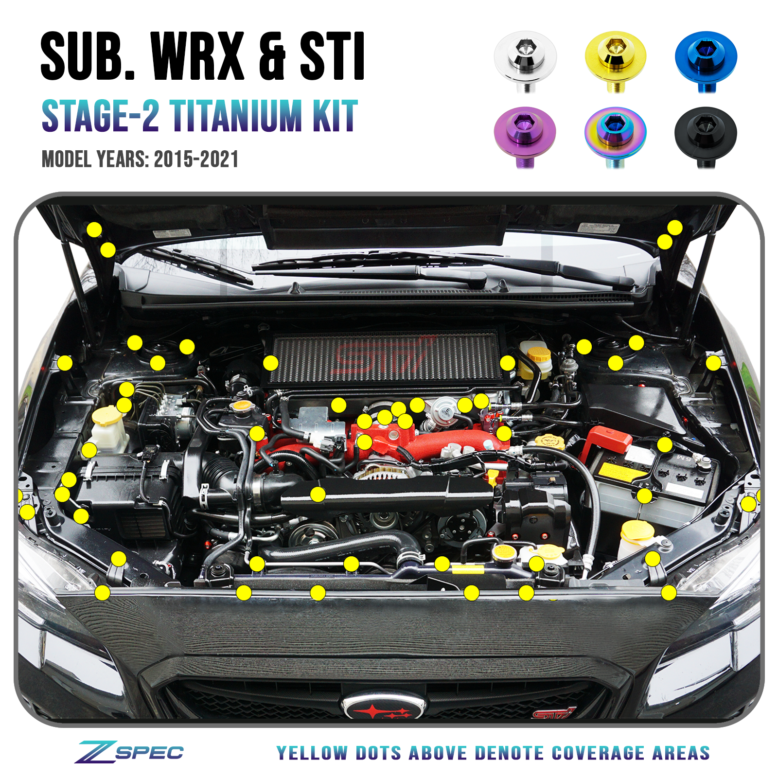ZSPEC Stage-2 Dress Up Bolts® Fastener Kit for '15-21 Subaru WRX & STI, Grade-5 Titanium