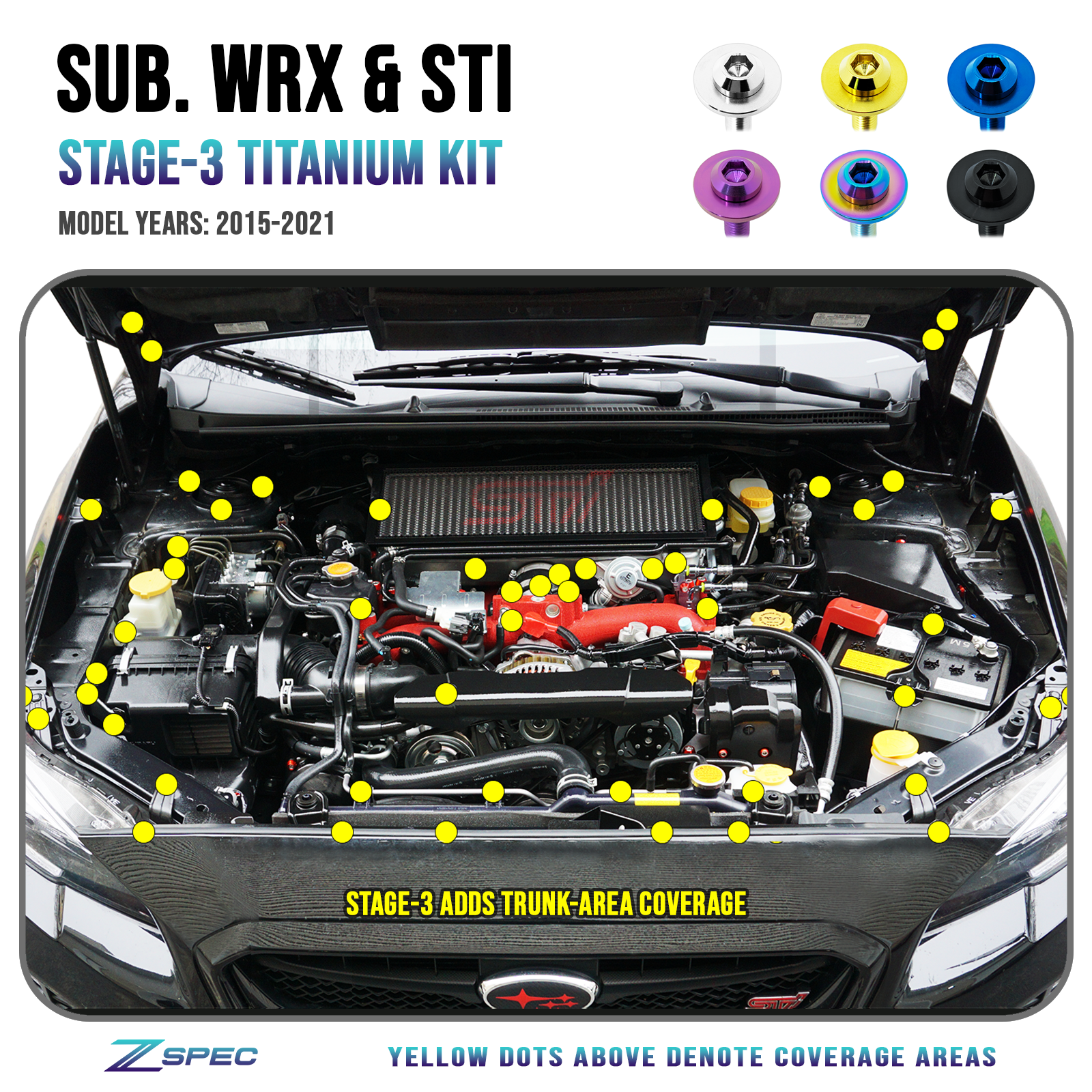 ZSPEC Stage-3 Dress Up Bolts® Fastener Kit for '15-21 Subaru WRX & STI, Grade-5 Titanium