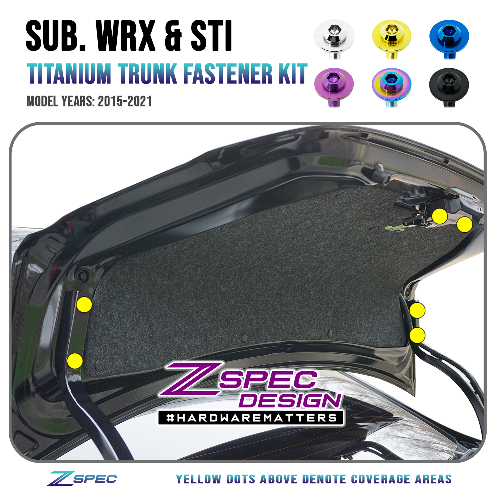 ZSPEC Trunk Dress Up Bolts® Fastener Kit for '15-21 Subaru WRX & STi, Titanium