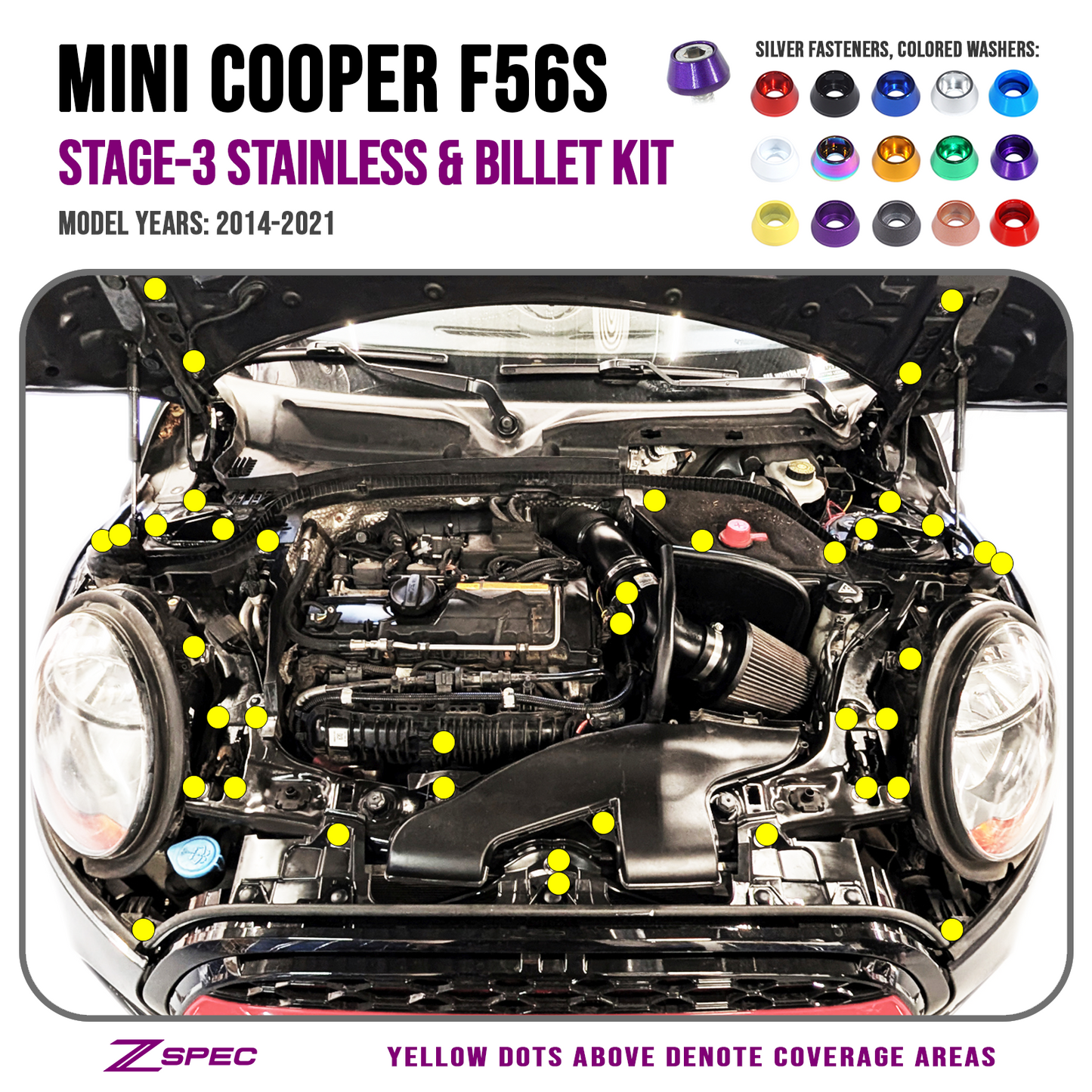 ZSPEC Stage-3 Dress Up Fastener Kit, '14-21 Mini Cooper S F56S, Stainless & Billet