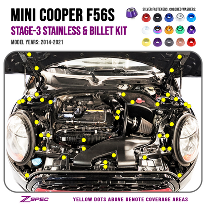 ZSPEC Stage-3 Dress Up Fastener Kit, '14-21 Mini Cooper S F56S, Stainless & Billet