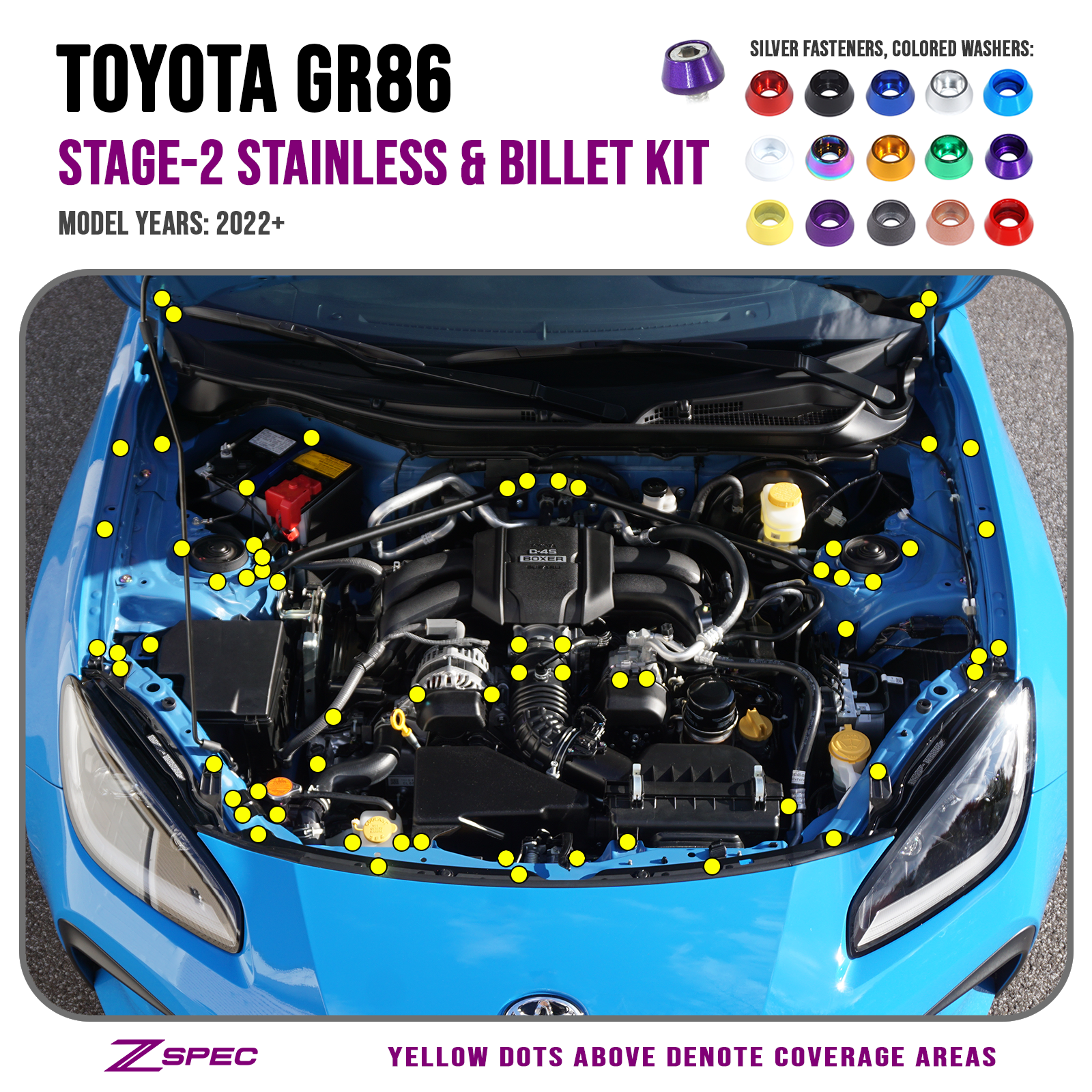 ZSPEC Stage-2 Dress Up Bolts® Fastener Kit for '22+ Toyota GR86 & Subaru BRZ, Stainless & Billet
