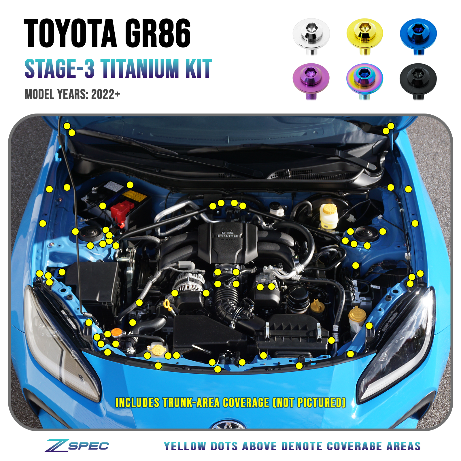 ZSPEC Stage-3 Dress Up Bolts® Fastener Kit for '22+ Toyota GR86 & Subaru BRZ, Titanium