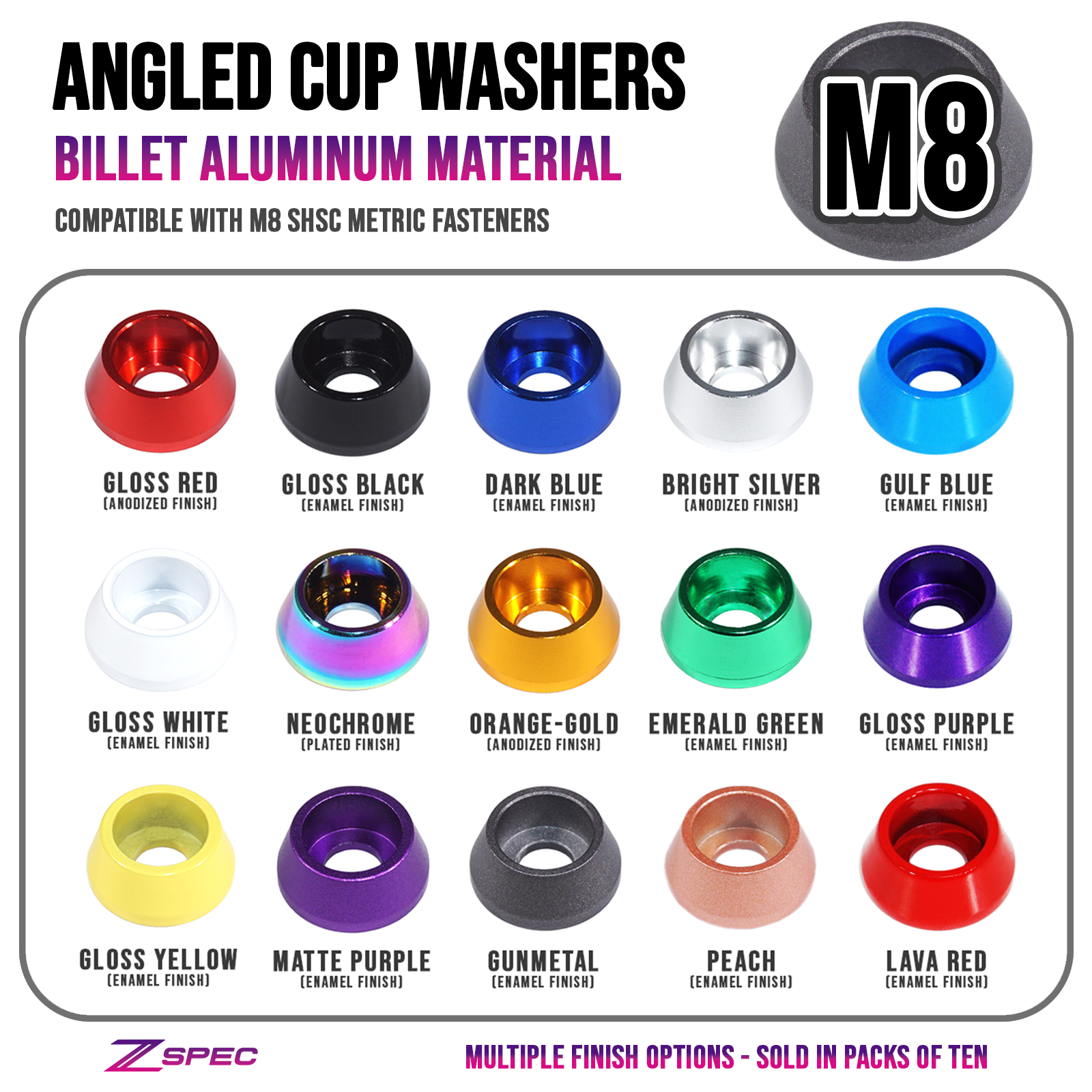 ZSPEC M8 Angled Cup Finish Washers for SHSC Socket-Cap Fasteners, Billet, 10-Pack