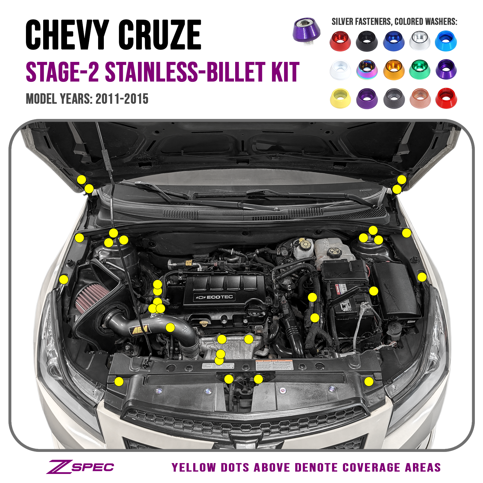 ZSPEC Stage-2 Dress Up Bolts® Fastener Kit for '11-15 Chevy Cruze 1.4L ECO Turbo Stainless & Billet