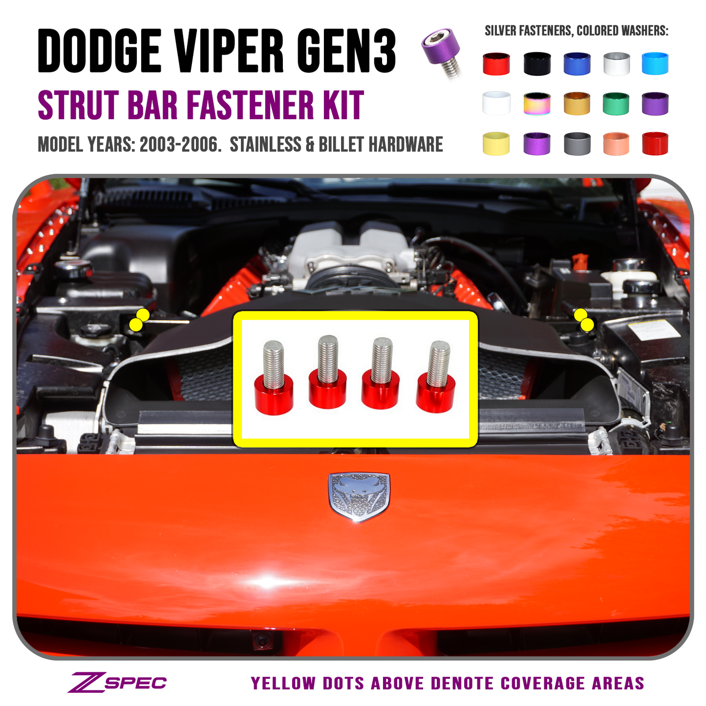 ZSPEC Strut Tower Brace Fasteners for '03-06 Dodge Viper, Stainless & Billet