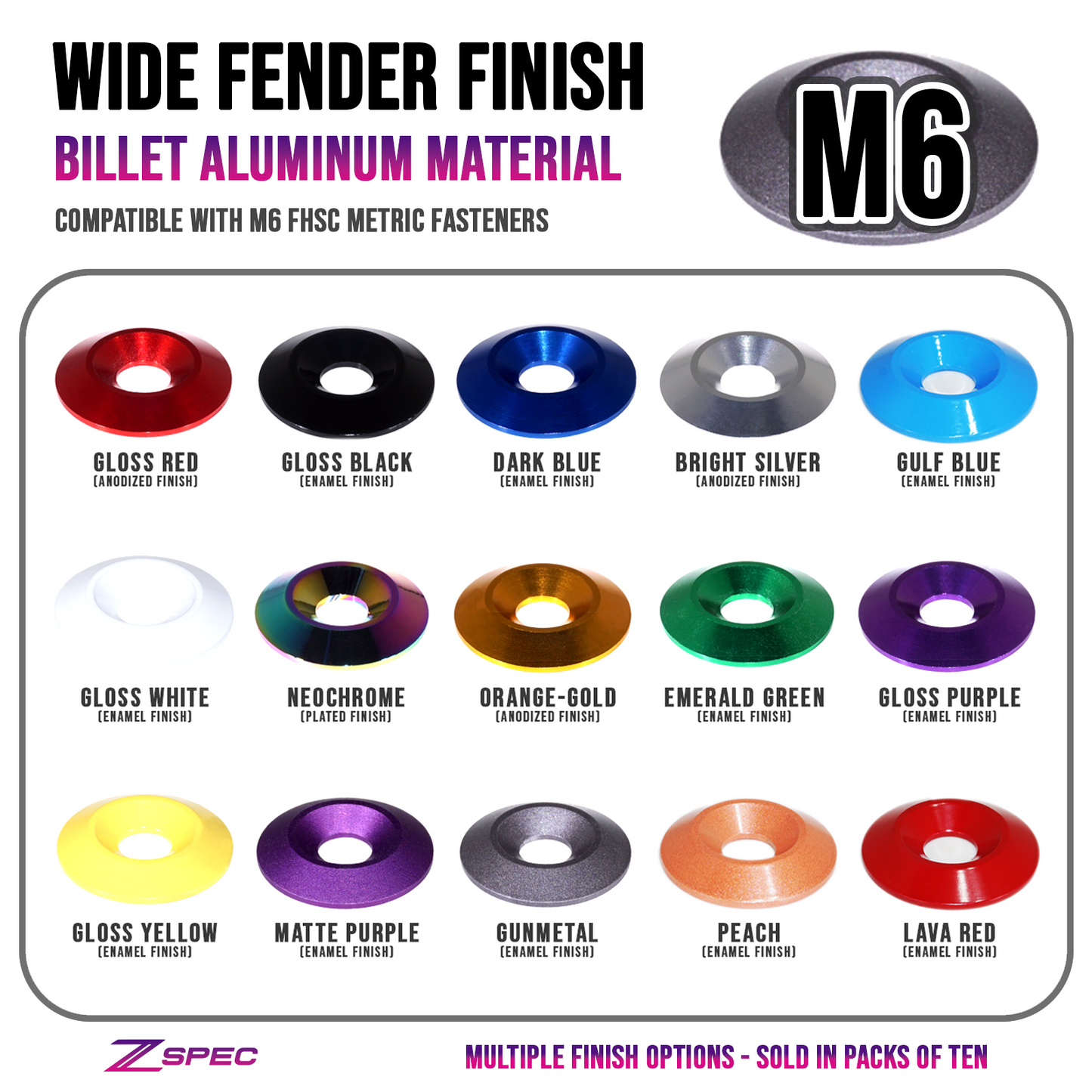 ZSPEC M6 Wide Fender-Finish Dress Up Washers, for M6 FHSC Fasteners, Billet, 10-Pack