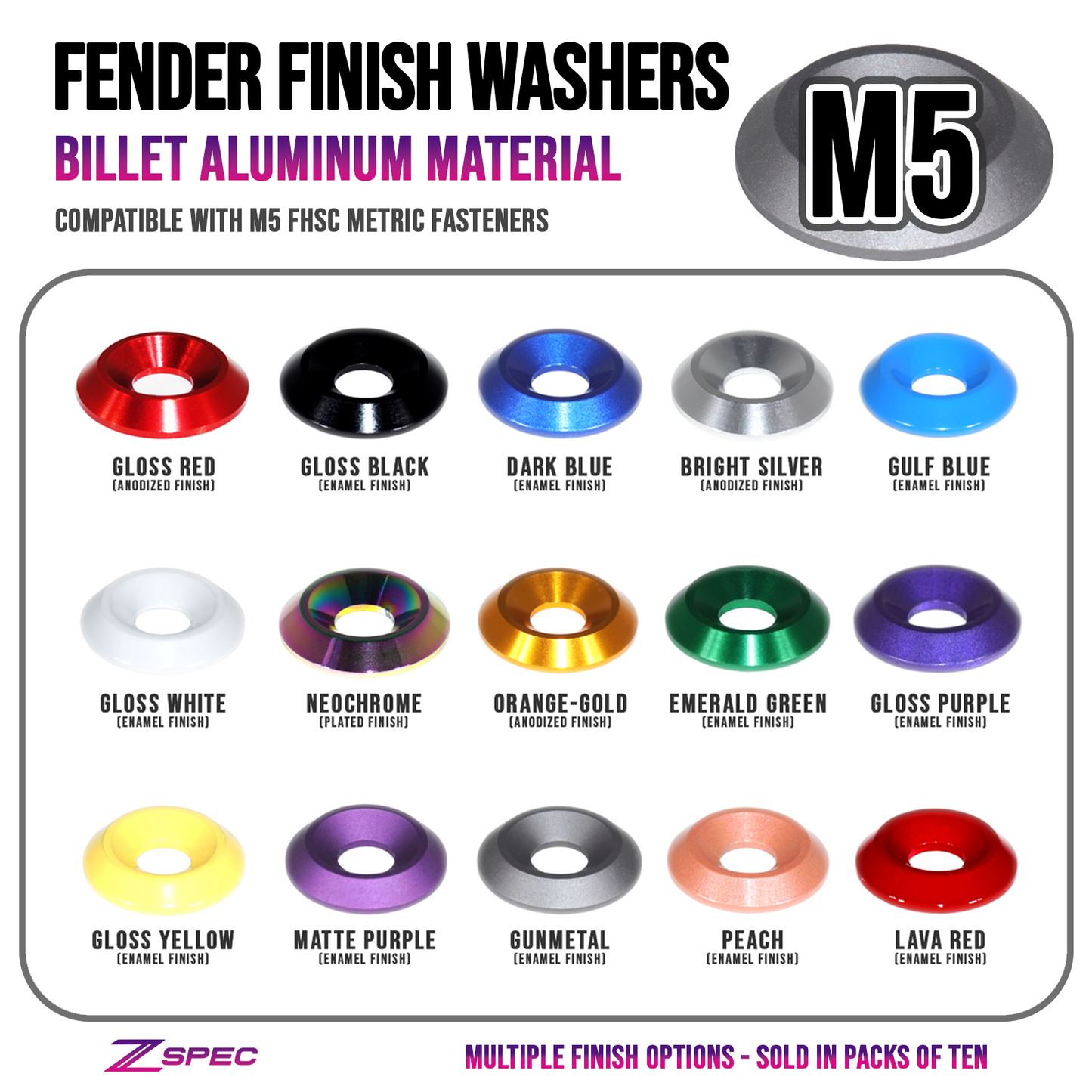 ZSPEC M5 Billet Fender-Finish Dress Up Washers for M5 FHSC Fasteners, 10-Pack