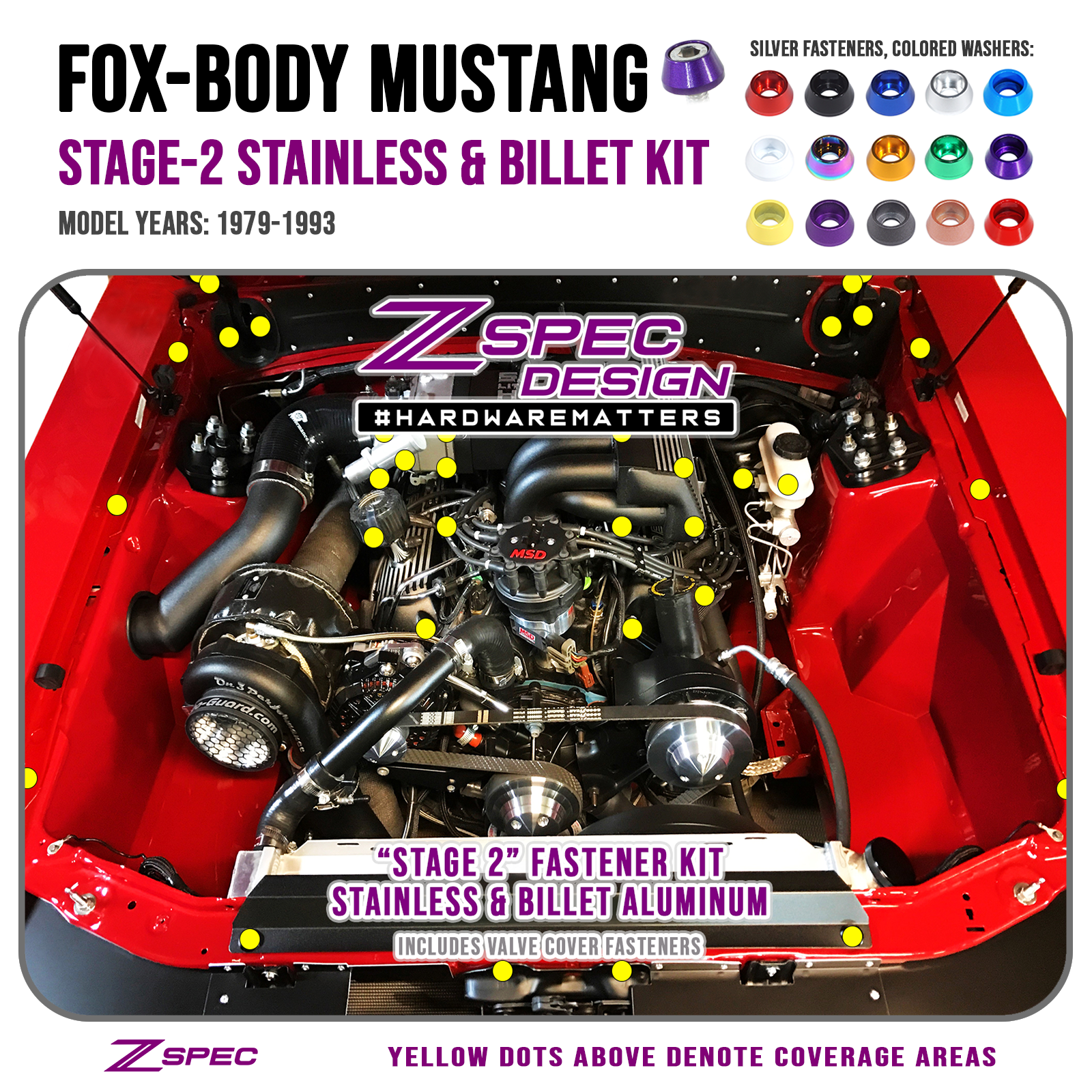 ZSPEC Stage-2 Dress Up Bolts® Fastener Kit for '87-93 Ford Mustang V8 Fox-Body, Stainless & Billet