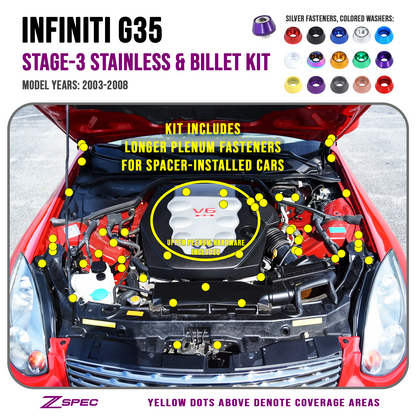 ZSPEC Stage-3 Dress Up Bolts® Fastener Kit for '03-08 Infiniti G35 w/ Plenum Spacer, Stainless & Billet