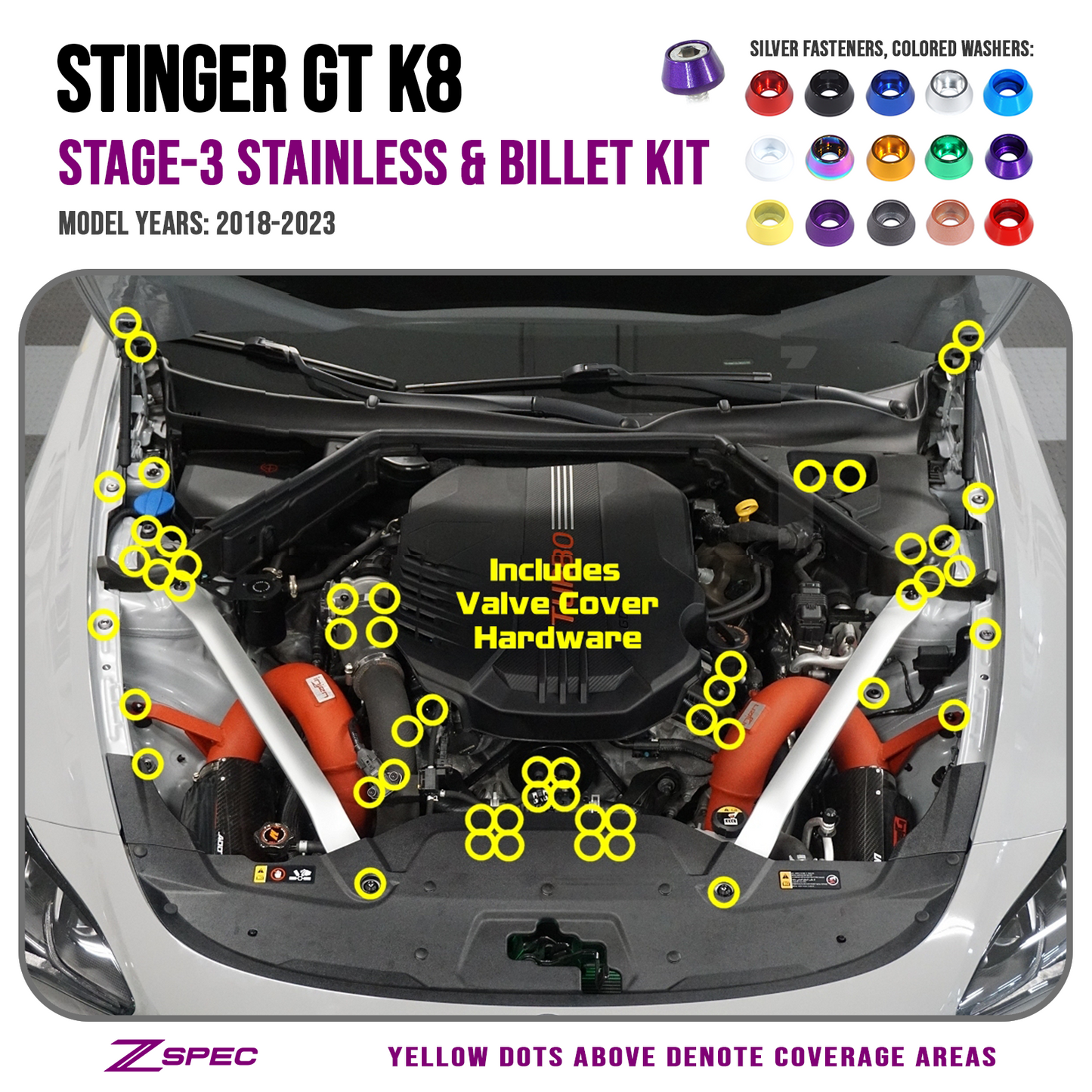 ZSPEC Stage-3 Dress Up Bolts® Fastener Kit for '18+ Kia Stinger GT K8, Stainless & Billet