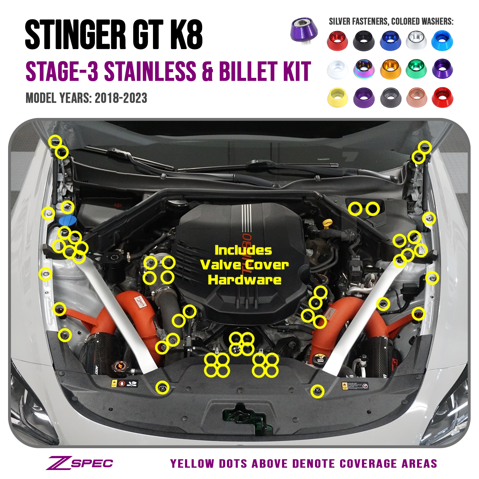 ZSPEC Stage-3 Dress Up Bolts® Fastener Kit for '18+ Kia Stinger GT K8, Stainless & Billet