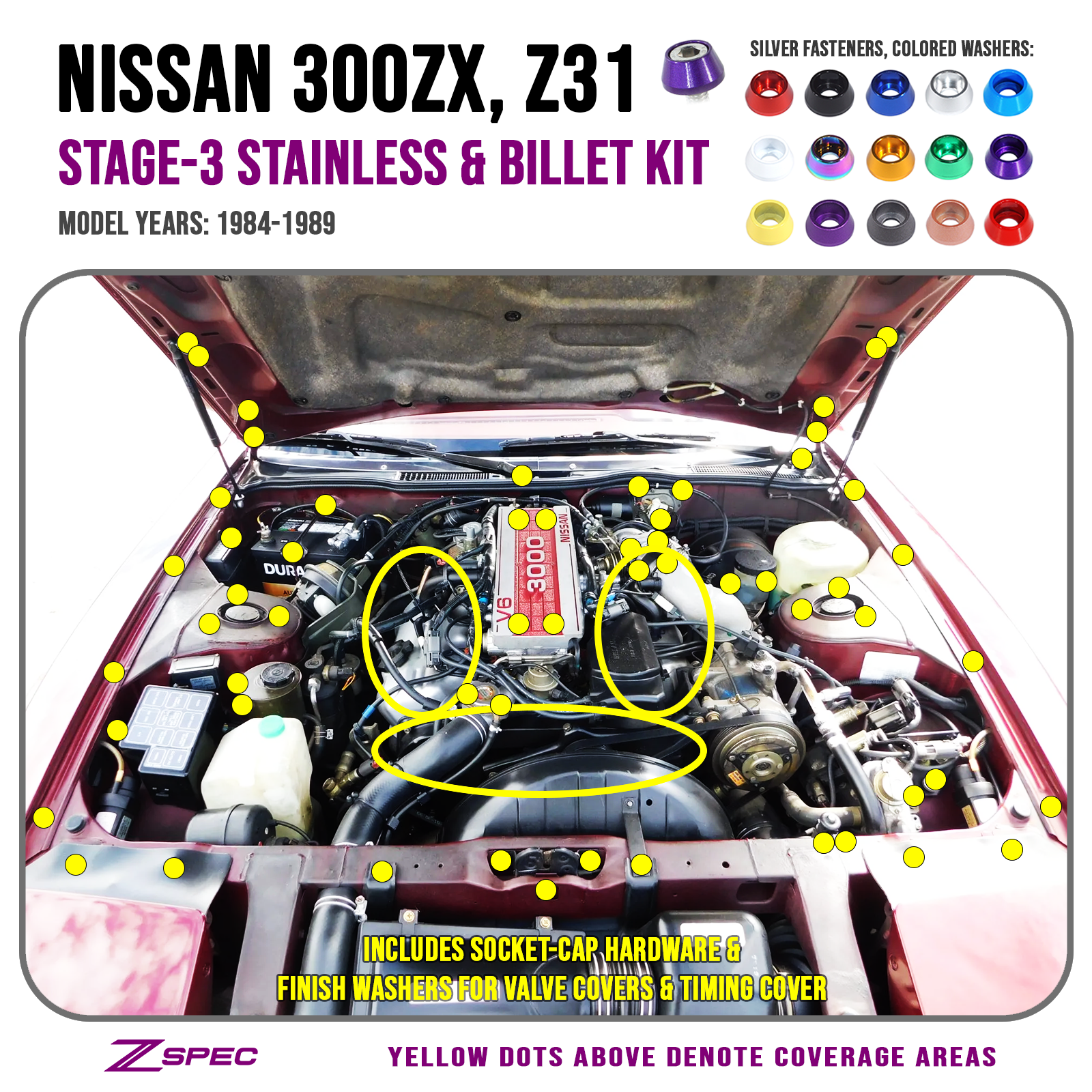 ZSPEC Stage-3 Dress Up Bolts® Fastener Kit for '84-89 Nissan 300zx Z31, SHSC Hardware, Stainless & Billet