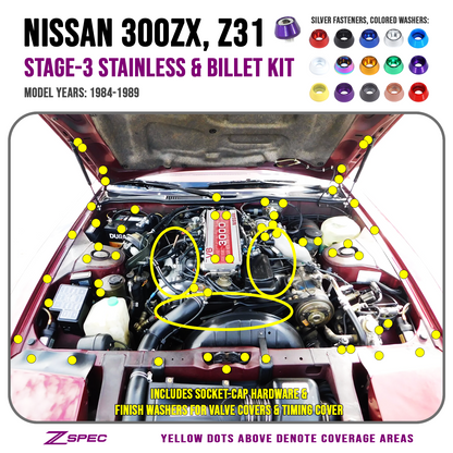 ZSPEC Stage-3 Dress Up Bolts® Fastener Kit for '84-89 Nissan 300zx Z31, SHSC Hardware, Stainless & Billet