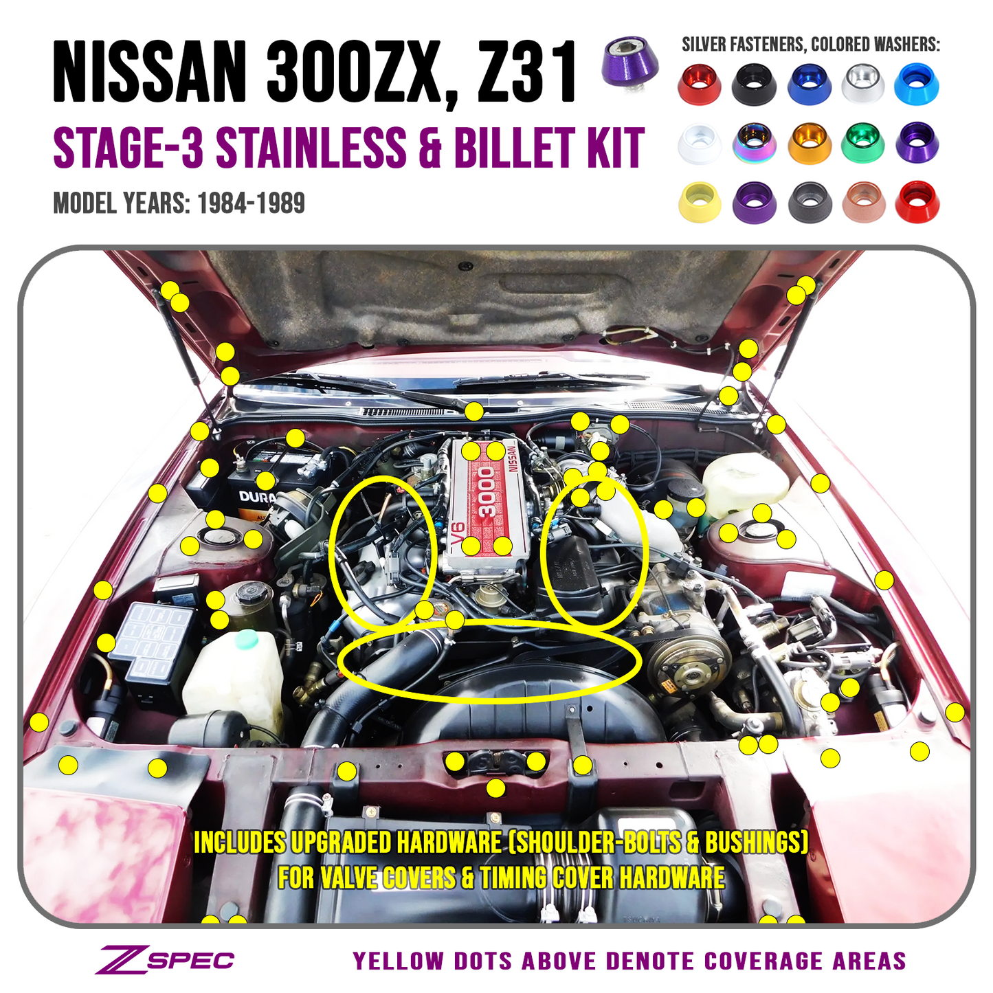ZSPEC Stage-3 Dress Up Bolts® Fastener Kit for 84-89 Nissan 300zx Z31 Upgraded Timing Bolts, Stainless & Billet