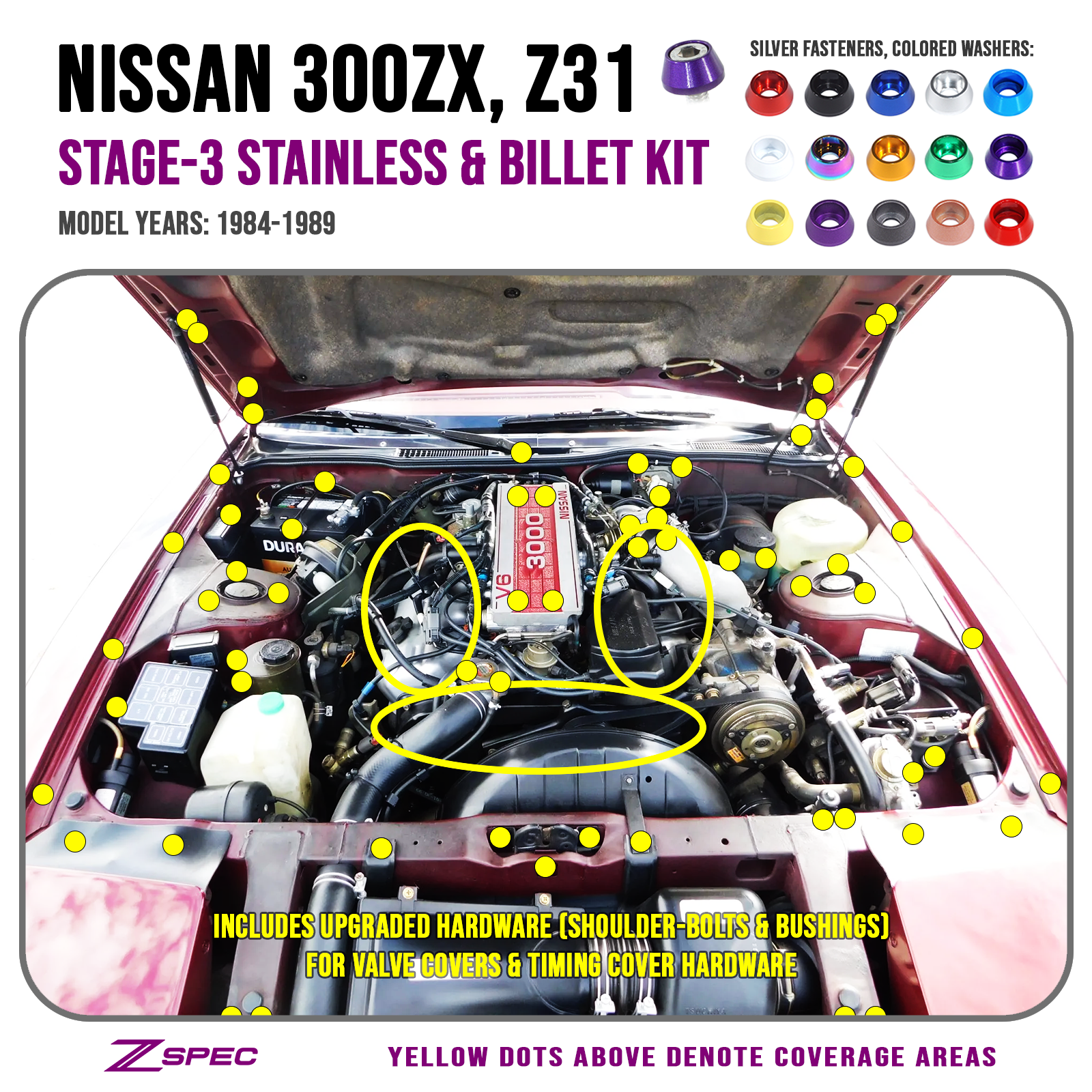 ZSPEC Stage-3 Dress Up Bolts® Fastener Kit for 84-89 Nissan 300zx Z31 Upgraded Timing Bolts, Stainless & Billet