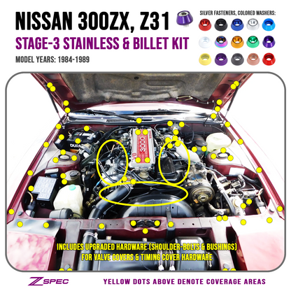 ZSPEC Stage-3 Dress Up Bolts® Fastener Kit for 84-89 Nissan 300zx Z31 Upgraded Timing Bolts, Stainless & Billet