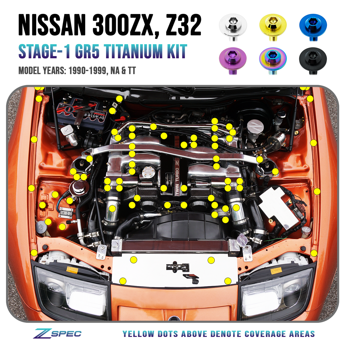 ZSPEC Stage-1 Dress Up Bolts® Hardware Kit for Nissan 300zx Z32, Titanium
