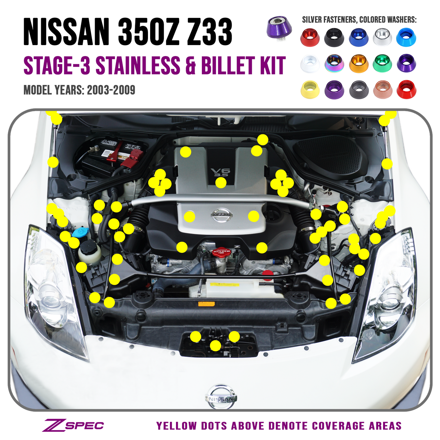ZSPEC Stage-3 Dress Up Bolts® Kit for Nissan 350z DE/HR, OEM-Length Plenum Bolts, Stainless & Billet