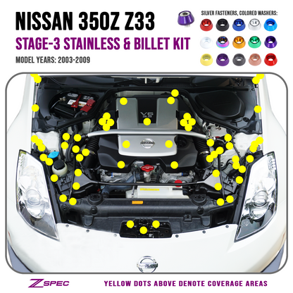 ZSPEC Stage-3 Dress Up Bolts® Fastener Kit for Nissan 350z DE/HR +10mm Longer Plenum Bolts, Stainless & Billet