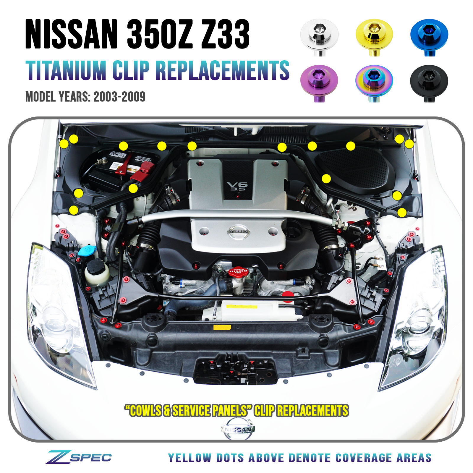 ZSPEC "Cowls & Service-Panels Only" Clips Replacement Kit for Nissan 350z Z33, Titanium