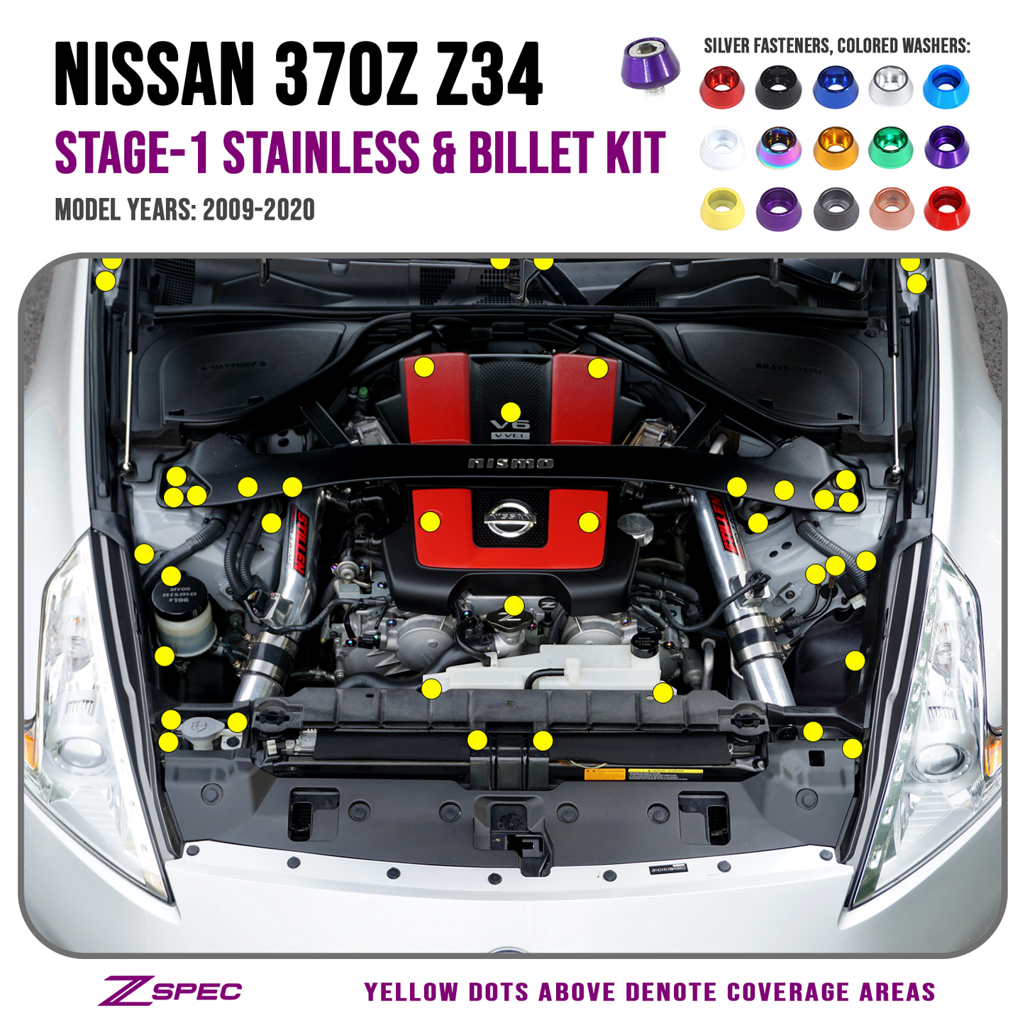 ZSPEC Stage-1 Dress Up Bolts® Fastener Kit for '09-20 Nissan 370z Z34, Stainless & Billet