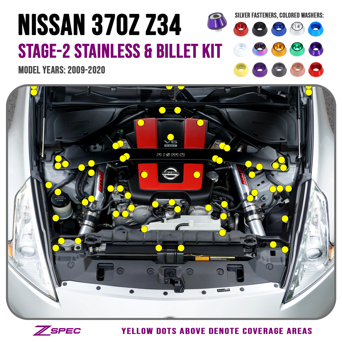 ZSPEC Stage-2 Dress Up Bolts® Fastener Kit for '09-20 Nissan 370z Z34, Stainless & Billet