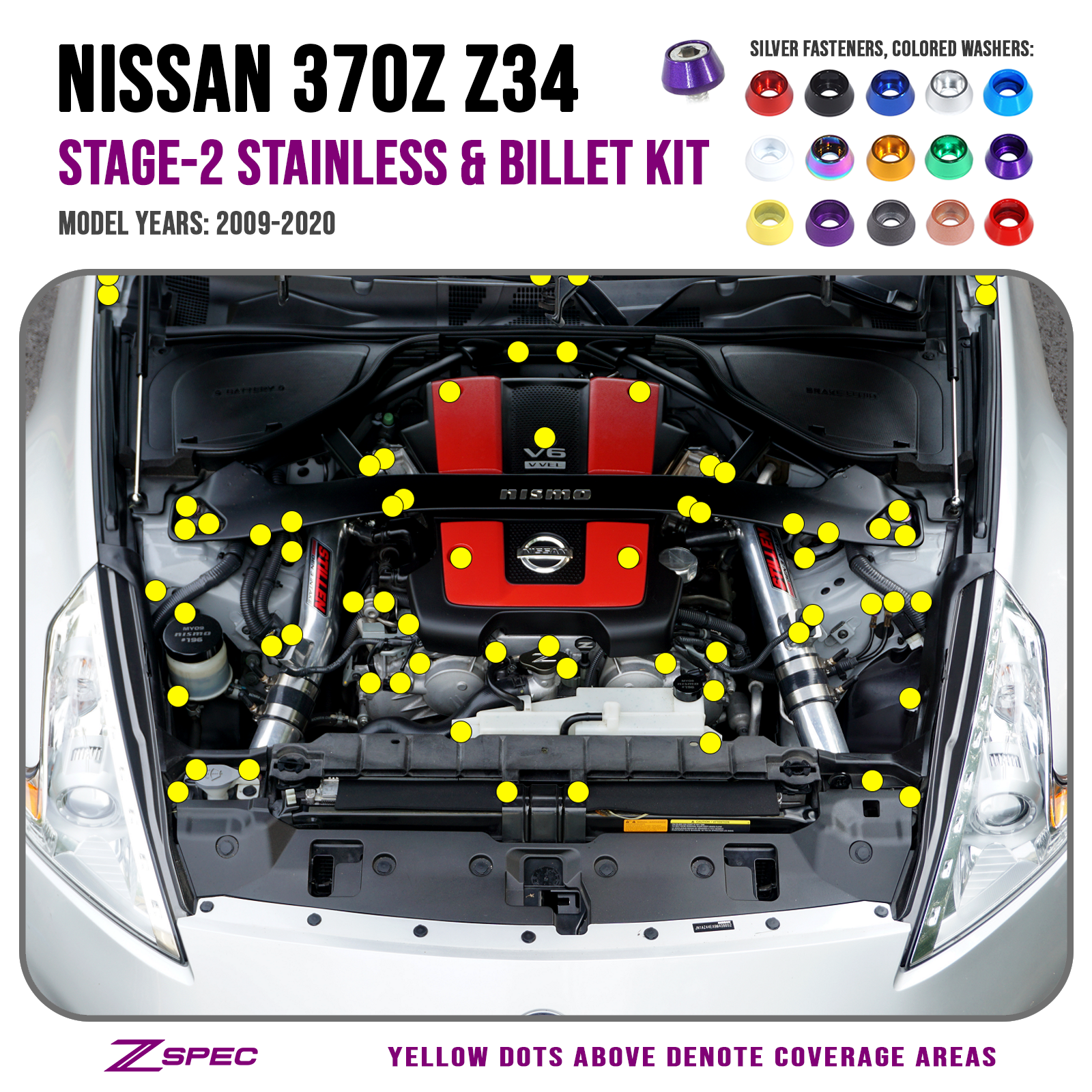 ZSPEC Stage-2 Dress Up Bolts® Fastener Kit for '09-20 Nissan 370z Z34, Stainless & Billet