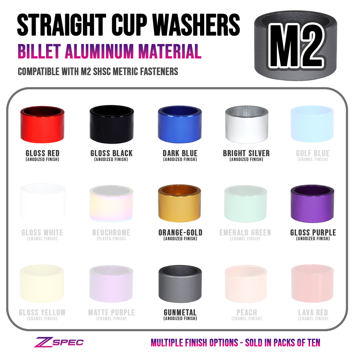 ZSPEC Billet Straight Cup Finish Washers for M2 SHSC Socket-Cap Fasteners, 10-Pack
