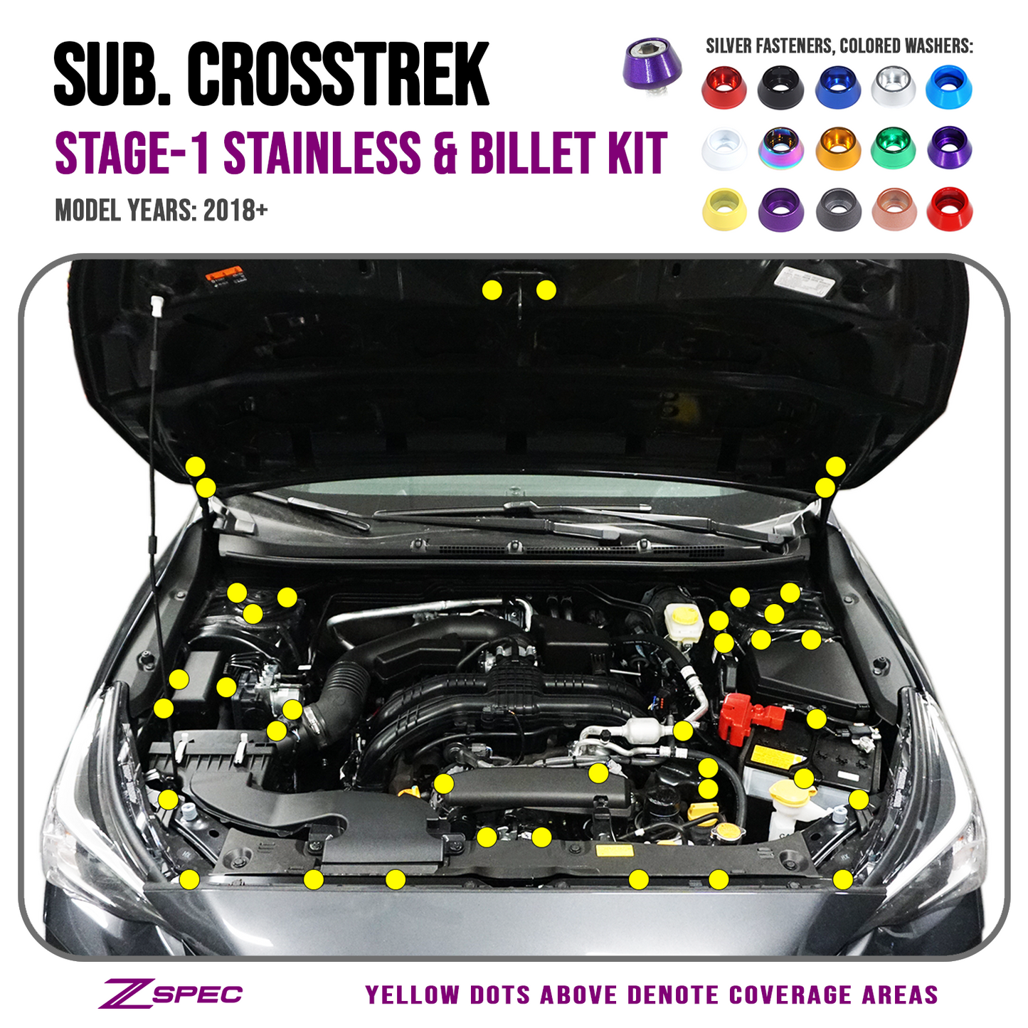 ZSPEC Stage-1 Dress Up Bolts® Fastener Kit for '18-24 Subaru CrossTrek, Stainless & Billet Hardware
