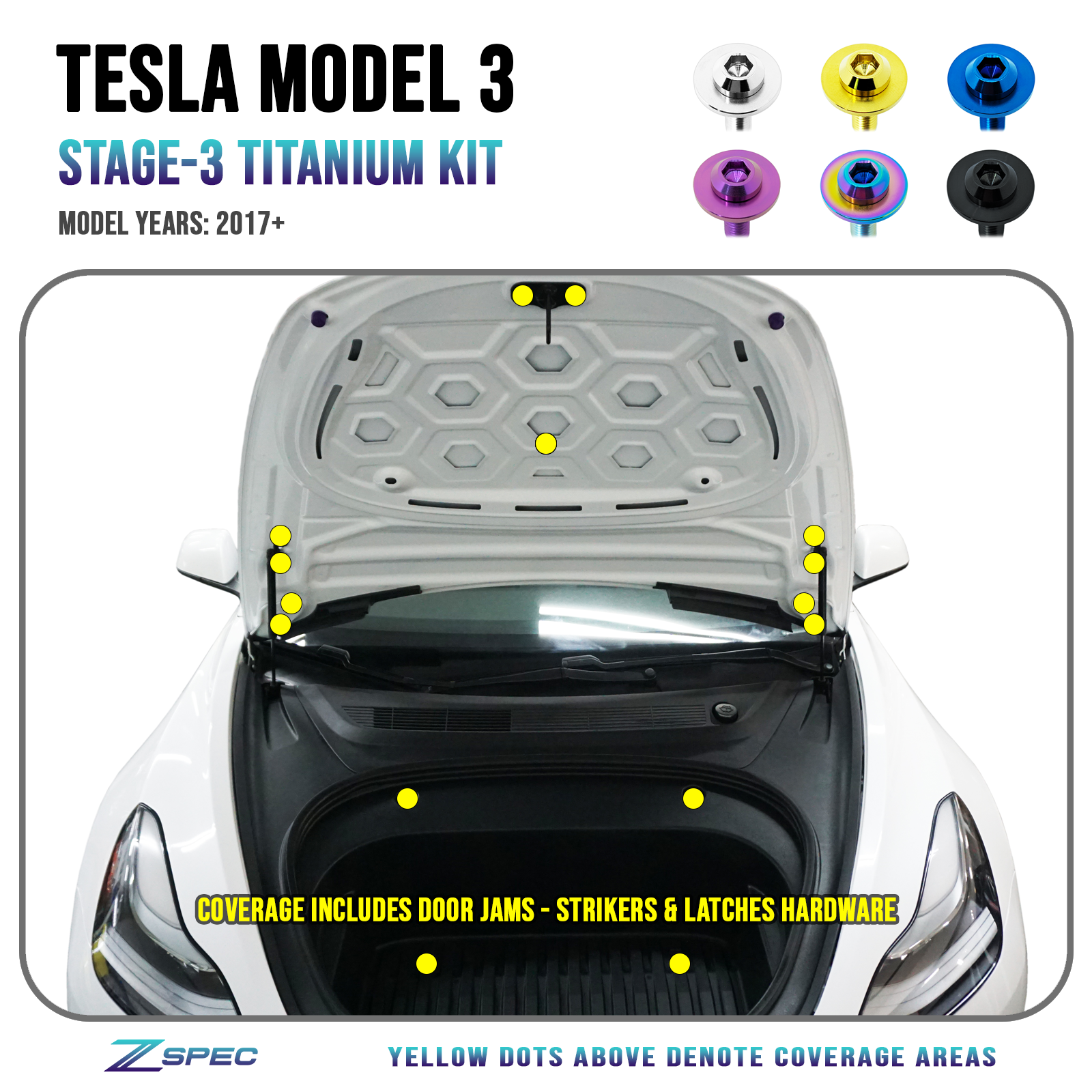 ZSPEC Stage-3 Dress Up Bolts® Fastener Kit for the Tesla Model 3, Grade-5 Titanium