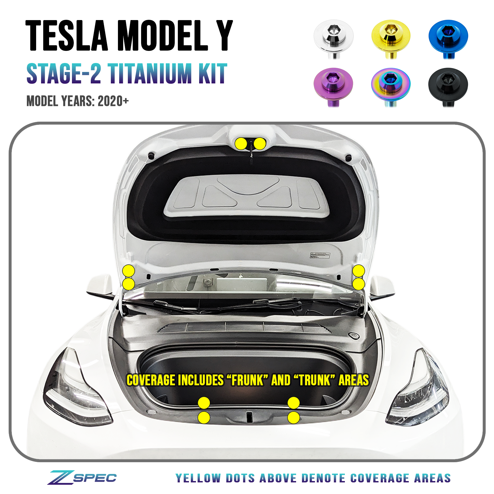 ZSPEC Stage-2 Dress Up Bolts® Fastener Kit for the Tesla Model Y, Grade-5 Titanium