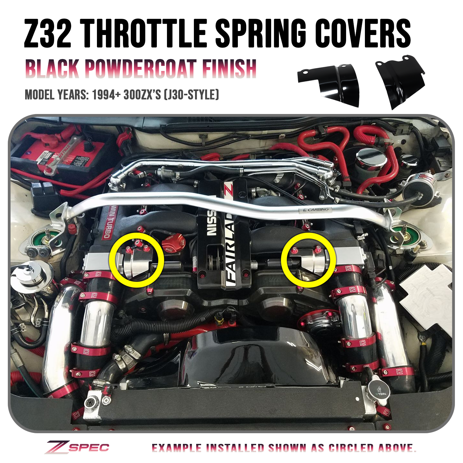 ZSPEC Black Throttle Spring Covers for '94-96 300zx Z32 Plenums, Powdercoated Stainless