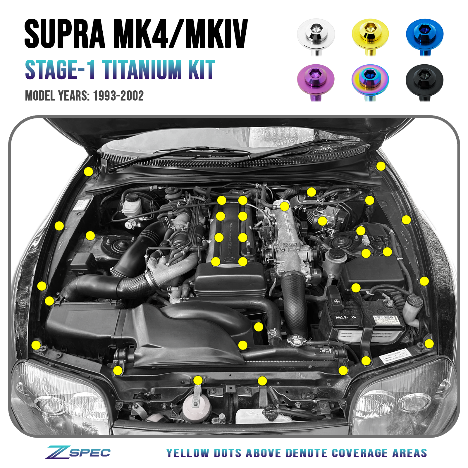 ZSPEC Stage-1 Dress Up Bolts® Fastener Kit for '93-02 Toyota Supra MKIV, Titanium